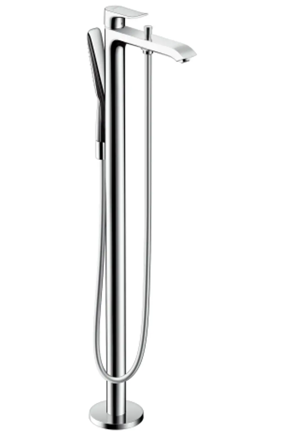 Hochstehender Einhebel-Wannenmischer aus Chrom von Hansgrohe mit Handbrause und flexiblen Schläuchen, montiert auf einem stabilen Standfuß.